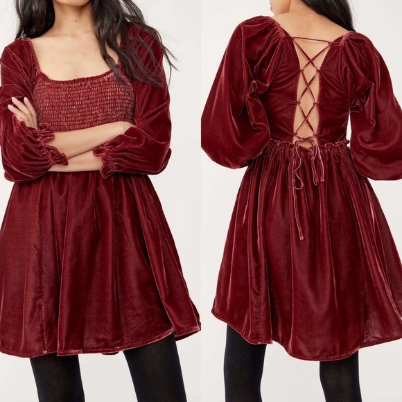 Free People Dresses & Skirts - Free People Daphne Velvet Sleeve Mini Dress in Roan Rouge Sz. XS